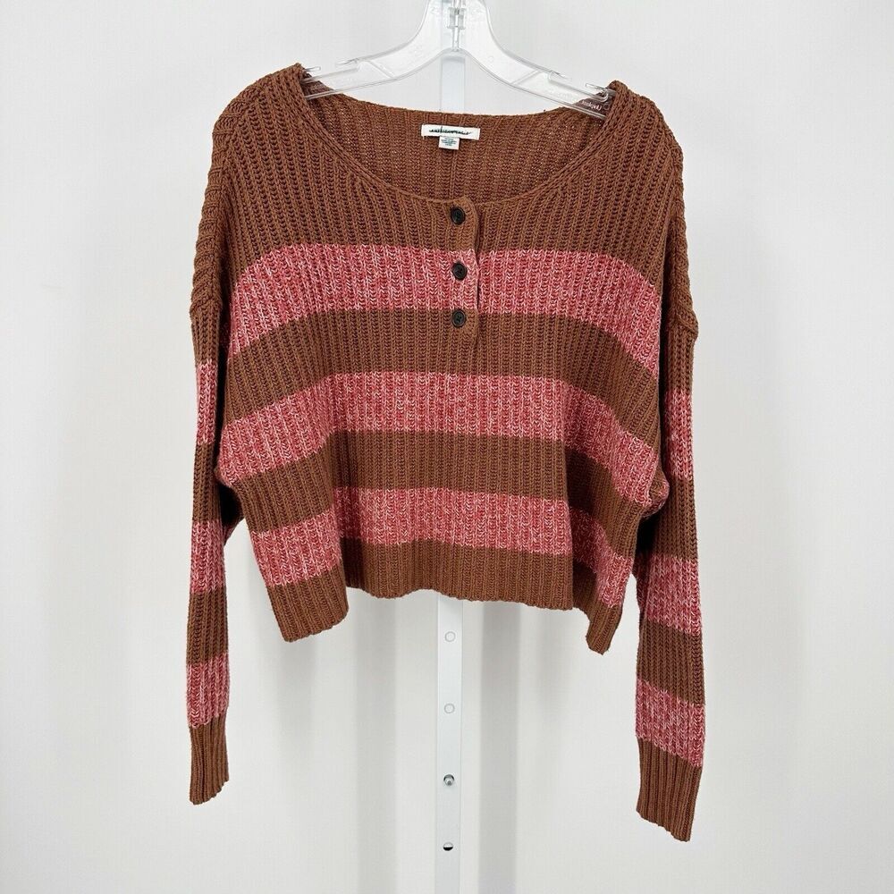 American Eagle Henley Sweater Striped Cropped Brown Pink M Boho Soft Cozy Casual